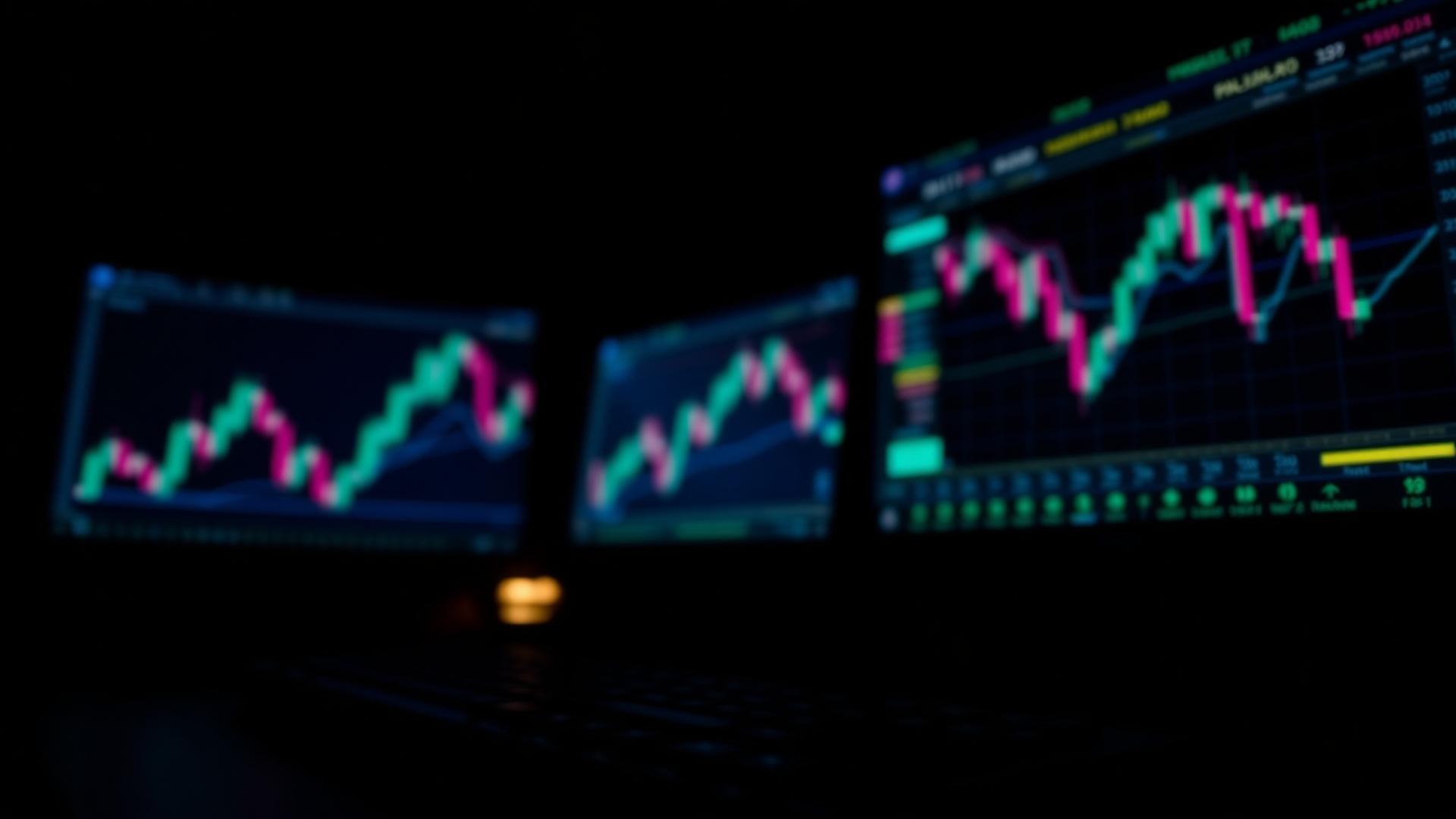Trading desk with candlestick charts glowing at night